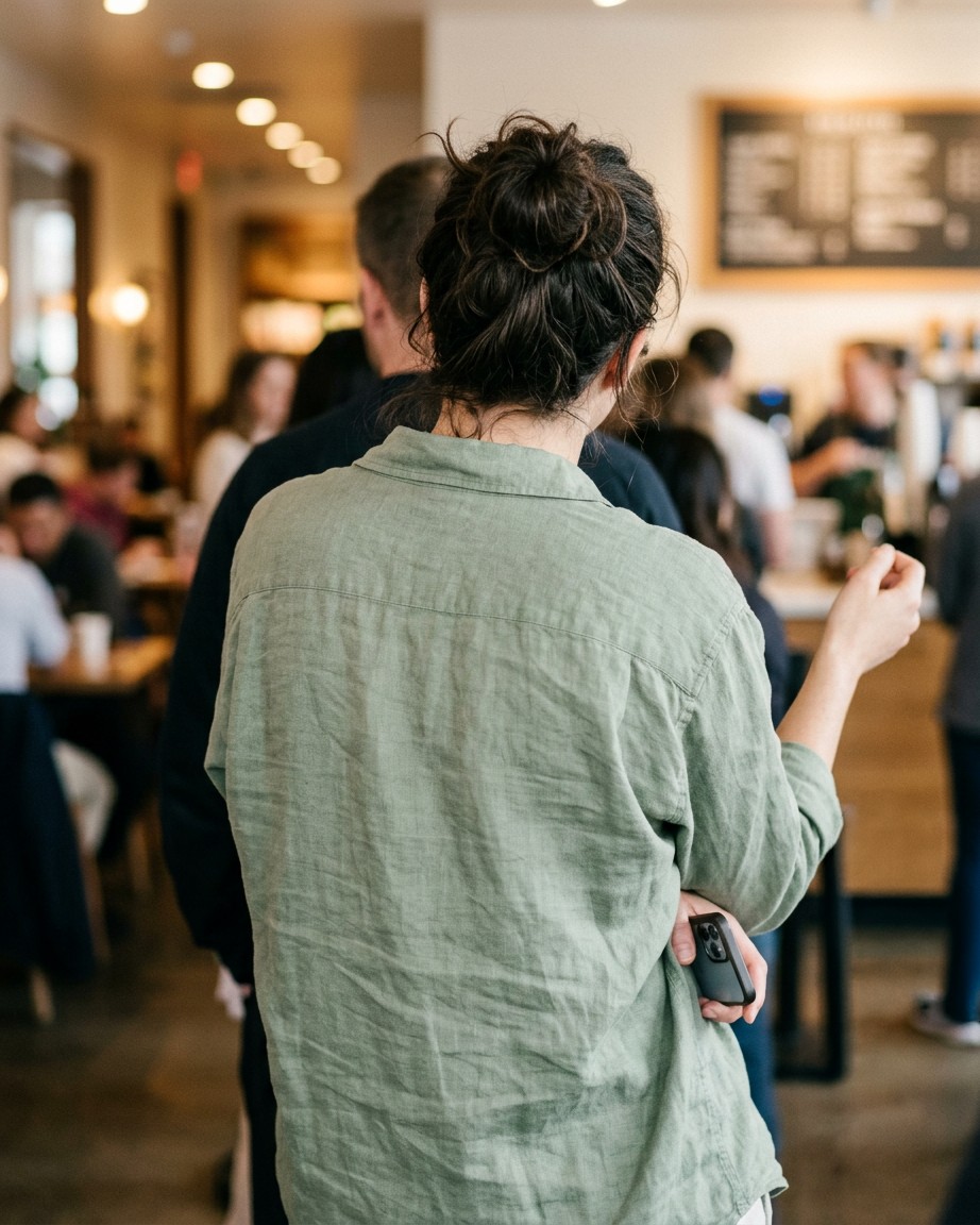 A person waiting in a cafe queue, shoulders carrying quiet tension while holding their phone