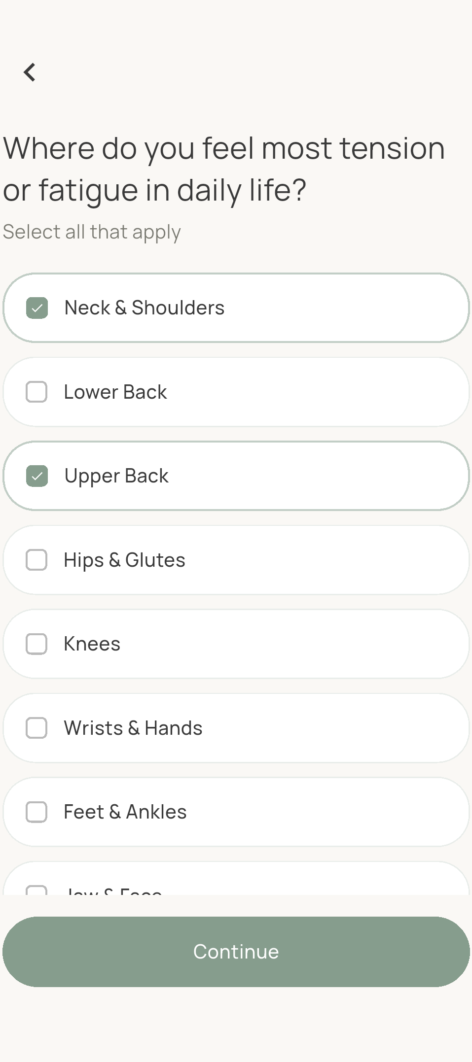 Awarea onboarding screen asking where you feel tension
